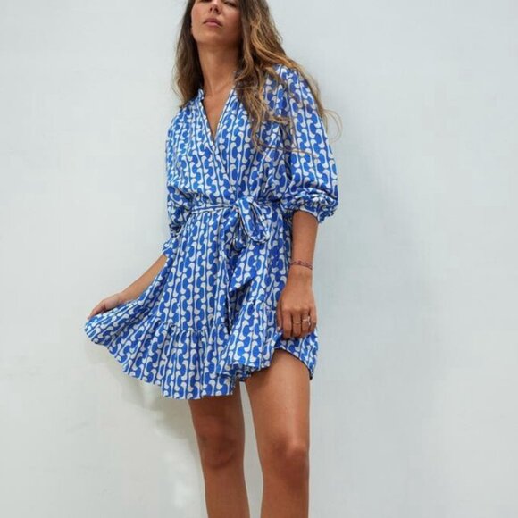 Zara Geometric Dress Long Sleeve Waist Tie Blue White Print Boho | Size XXL - Picture 2 of 12